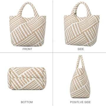 Woven Bag for Women, Vegan Leather Tote Bag Large Summer Beach Travel Handbag and Purse Retro Handmade Shoulder Bag (Striped Apricot & White)