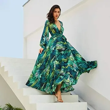 Stylish R.Vivimos Chiffon Print V Neck Maxi Dress