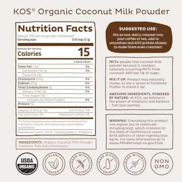 KOS Organic Coconut Milk Powder, USDA Certified Organic - 0g Sugar, MCT Plant Based Creamer for Coffee, Smoothies, Vegan, Keto, Paleo Friendly, Non-GMO, Gluten or Dairy- 12.6oz, 179 Servings