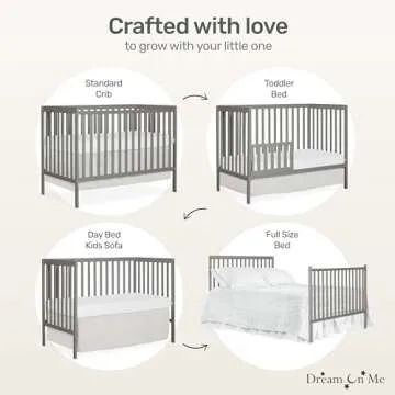 Dream On Me Synergy 5-In-1 Convertible Crib In Cool Grey, JPMA & Greenguard Gold Certified, Constructed out of solid reclaimed New Zealand Pine wood, Features 3 mattress height settings