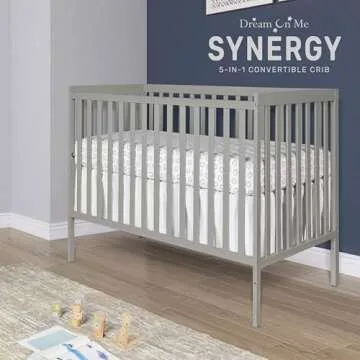 Dream On Me Synergy 5-In-1 Convertible Crib In Cool Grey, JPMA & Greenguard Gold Certified, Constructed out of solid reclaimed New Zealand Pine wood, Features 3 mattress height settings