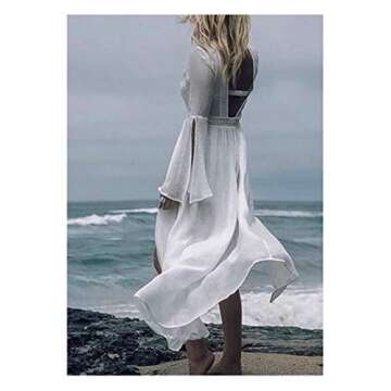 Wander Agio Womens Bikini Cover Ups Beach Casual Long Coverup Swimwear Sea Bathing Suit Horn Sleeve Blackless White 21