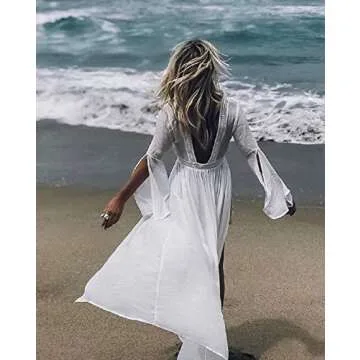 Wander Agio Womens Bikini Cover Ups Beach Casual Long Coverup Swimwear Sea Bathing Suit Horn Sleeve Blackless White 21