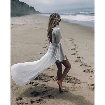 Wander Agio Womens Bikini Cover Ups Beach Casual Long Coverup Swimwear Sea Bathing Suit Horn Sleeve Blackless White 21