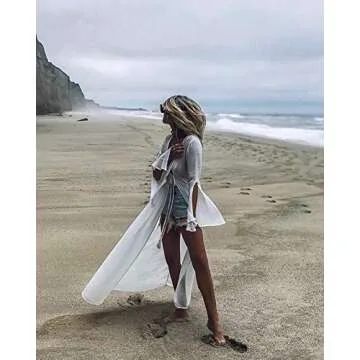 Wander Agio Womens Bikini Cover Ups Beach Casual Long Coverup Swimwear Sea Bathing Suit Horn Sleeve Blackless White 21