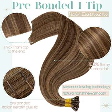 Pre bonded I Tip Hair Extensions Human Hair for Women Fusion Stick I Tip Remy Human Hair Piece Invis...