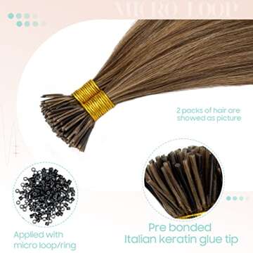 Pre bonded I Tip Hair Extensions Human Hair for Women Fusion Stick I Tip Remy Human Hair Piece Invisible Keratin Glue Full Head 100 Strands/50g（20Inch #4/27 Medium Brown/Dark Blonde)