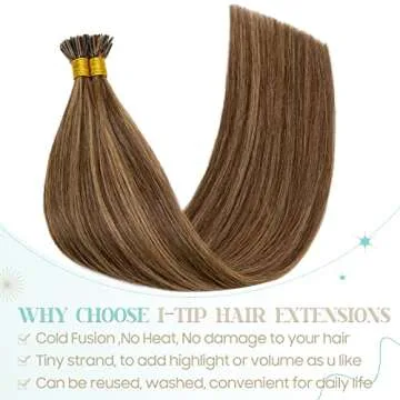 Pre bonded I Tip Hair Extensions Human Hair for Women Fusion Stick I Tip Remy Human Hair Piece Invisible Keratin Glue Full Head 100 Strands/50g（20Inch #4/27 Medium Brown/Dark Blonde)