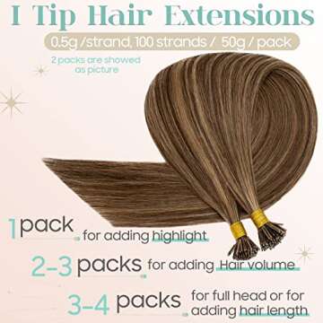 Pre bonded I Tip Hair Extensions Human Hair for Women Fusion Stick I Tip Remy Human Hair Piece Invisible Keratin Glue Full Head 100 Strands/50g（20Inch #4/27 Medium Brown/Dark Blonde)