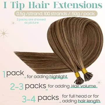 Pre bonded I Tip Hair Extensions Human Hair for Women Fusion Stick I Tip Remy Human Hair Piece Invisible Keratin Glue Full Head 100 Strands/50g（20Inch #4/27 Medium Brown/Dark Blonde)