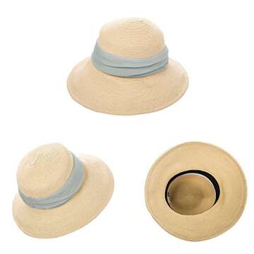 Jeff & Aimy Womens Summer Straw Beach Sun Hat UPF 50 Wide Brim with Chin Strap Panama Fedora Fashion Cloche Travel Hat Navy Blue