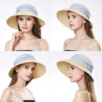 Jeff & Aimy Womens Summer Straw Beach Sun Hat UPF 50 Wide Brim with Chin Strap Panama Fedora Fashion Cloche Travel Hat Navy Blue