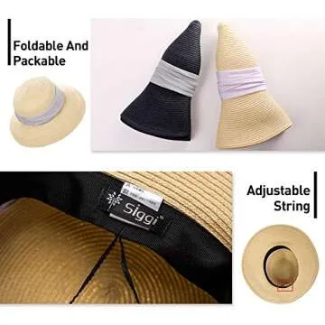 Jeff & Aimy Womens Summer Straw Beach Sun Hat UPF 50 Wide Brim with Chin Strap Panama Fedora Fashion Cloche Travel Hat Navy Blue