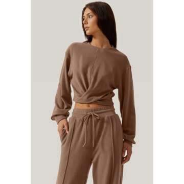 QINSEN Women 2 Piece Outfits Sweatsuit Set Twist Front Cropped Sweatshirt Wide Leg Sweatpant Lounge Set Tracksuit Caramel M