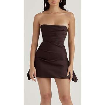 MOFLORA Women Satin Bodycon Strapless Corset MiniTube Dress Ruched Sleeveless Sexy Cutout Off Shoulder Short Y2k Dresses (Brown,Small)
