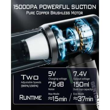 GentCarson Car Vacuum Cleaner, 4 in 1 Portable Car Vacuum 15000Pa High Power Cordless Vacuum with wi...