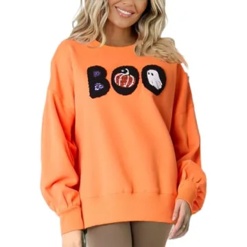 Yiulangde Women Halloween Pumpkin Sweatshirt Spooky Season Sequin Graphic Tops Oversized Crewneck Lo...
