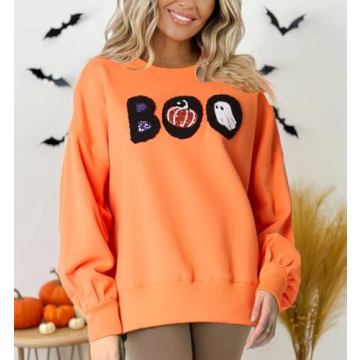 Yiulangde Women Halloween Pumpkin Sweatshirt Spooky Season Sequin Graphic Tops Oversized Crewneck Long Sleeve Sweater Clothes Orange