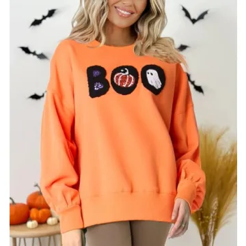 Yiulangde Women Halloween Pumpkin Sweatshirt Spooky Season Sequin Graphic Tops Oversized Crewneck Long Sleeve Sweater Clothes Orange
