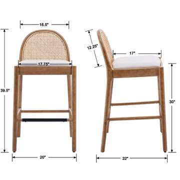 Ya-Home Mid-Century Bar Stools Set of 2, 30 Inch Counter Height Rattan Back Linen Barstools Comfy Up...