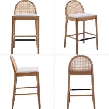 Ya-Home Mid-Century Bar Stools Set of 2, 30 Inch Counter Height Rattan Back Linen Barstools Comfy Upholstered Bar Chairs with Wooden Legs for Kitchen Dining Room, Beige