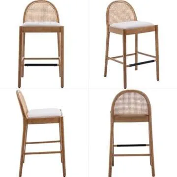 Ya-Home Mid-Century Bar Stools Set of 2, 30 Inch Counter Height Rattan Back Linen Barstools Comfy Upholstered Bar Chairs with Wooden Legs for Kitchen Dining Room, Beige