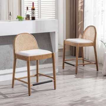 Ya-Home Mid-Century Bar Stools Set of 2, 30 Inch Counter Height Rattan Back Linen Barstools Comfy Upholstered Bar Chairs with Wooden Legs for Kitchen Dining Room, Beige