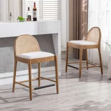 Ya-Home Mid-Century Bar Stools Set of 2, 30 Inch Counter Height Rattan Back Linen Barstools Comfy Upholstered Bar Chairs with Wooden Legs for Kitchen Dining Room, Beige