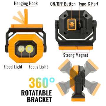 LED Rechargeable Work Light, 1500LM Portable COB Magnetic Lights with 3 Modes & 360° Rotatable, IPX...