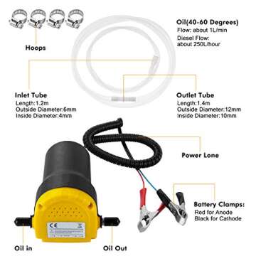 Oil Change Pump Extractor 12v 60W Oil Extractor Pump Diesel Fluid Transfer Scavenge Suction Pump Oil Quick Changer for Car, Boat, Marine, Motorbike, Truck, RV, ATV(Yellow)