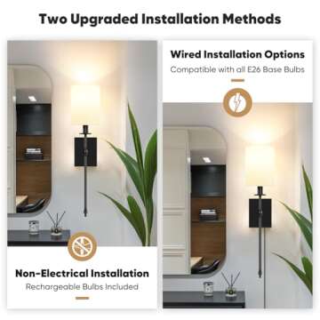 Battery Operated Wall Sconces Set of 2 with Remote Control, Black Indoor Not Hardwired Dimmable Wall...