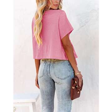 Fanway&EC Women's Short Sleeve V Neck Blouses Ruffle Hem Tie Front Crop Tops Lightweight Basic Summe...