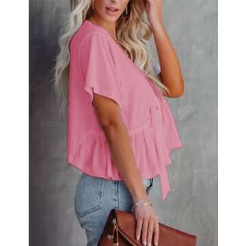 Fanway&EC Women's Short Sleeve V Neck Blouses Ruffle Hem Tie Front Crop Tops Lightweight Basic Summer Tops (Pink,Medium,Medium,US,Alpha,Adult,Female,Regular,Regular)