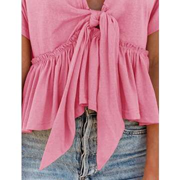 Fanway&EC Women's Short Sleeve V Neck Blouses Ruffle Hem Tie Front Crop Tops Lightweight Basic Summer Tops (Pink,Medium,Medium,US,Alpha,Adult,Female,Regular,Regular)
