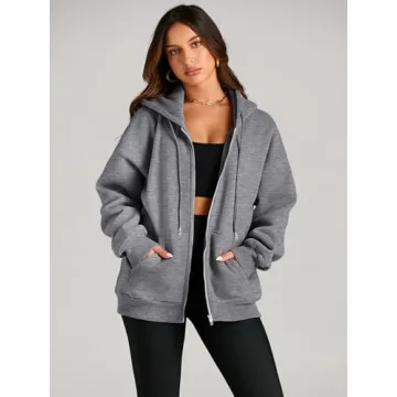 EFAN Women Zip Up Hoodies Oversized Sweatshirt Jacket 2024 Fall Fleece Cute Pullover Hooded Tops Teen Girls Casual Loose Fit Y2k Trendy Fashion Gym Clothes Outfits Dark Grey L