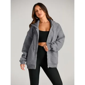 EFAN Women Zip Up Hoodies Oversized Sweatshirt Jacket 2024 Fall Fleece Cute Pullover Hooded Tops Teen Girls Casual Loose Fit Y2k Trendy Fashion Gym Clothes Outfits Dark Grey L