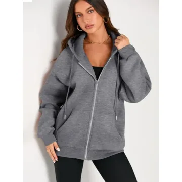 EFAN Women Zip Up Hoodies Oversized Sweatshirt Jacket 2024 Fall Fleece Cute Pullover Hooded Tops Teen Girls Casual Loose Fit Y2k Trendy Fashion Gym Clothes Outfits Dark Grey L