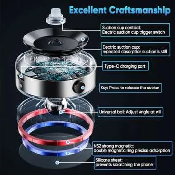 Tinkerty Upgraded 360° Adjustable Electric Vacuum Magnetic Suction Cup Phone Mount, Hands-Free Magnetic Cell Phone Holder for Car/Gym/Mirror/Smooth Surface, Compatible with Magsafe iPhone, Silver