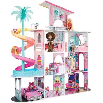 L.O.L. Surprise! OMG Fashion House Playset with 85+ Surprises and Made from Real Wood Including Pool, Spiral Slide, Rooftop Patio, Movie Theater, Transforming Furniture, and More!