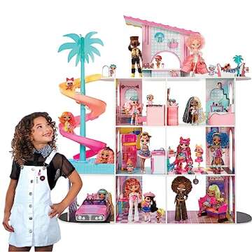 L.O.L. Surprise! OMG Fashion House Playset with 85+ Surprises and Made from Real Wood Including Pool, Spiral Slide, Rooftop Patio, Movie Theater, Transforming Furniture, and More!