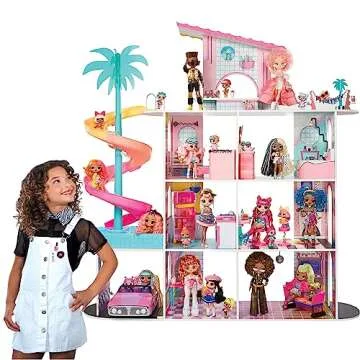 L.O.L. Surprise! OMG Fashion House Playset with 85+ Surprises and Made from Real Wood Including Pool, Spiral Slide, Rooftop Patio, Movie Theater, Transforming Furniture, and More!