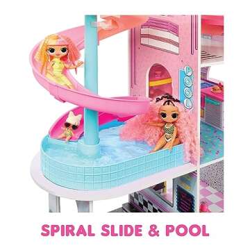 L.O.L. Surprise! OMG Fashion House Playset with 85+ Surprises and Made from Real Wood Including Pool, Spiral Slide, Rooftop Patio, Movie Theater, Transforming Furniture, and More!