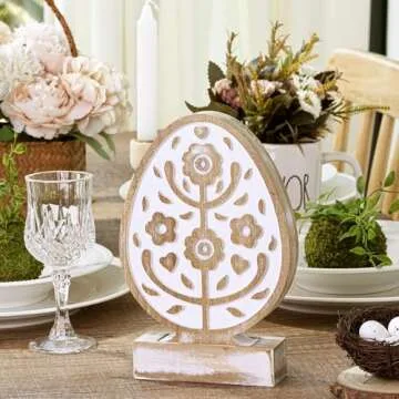 Treory Easter Decorations: Antique Distressed Wooden Easter Eggs Shaped Tabletop Centerpiece, Rustic Carved Eggs with Flowers Wood Tiered Tray Easter Decor for Table, Home, Farmhouse Easter Gifts