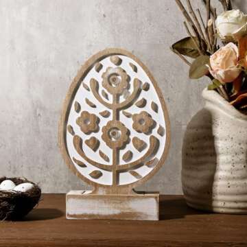 Treory Easter Decorations: Antique Distressed Wooden Easter Eggs Shaped Tabletop Centerpiece, Rustic Carved Eggs with Flowers Wood Tiered Tray Easter Decor for Table, Home, Farmhouse Easter Gifts