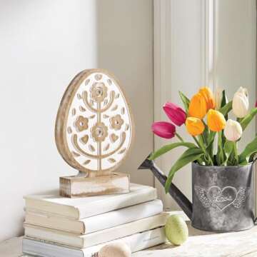 Treory Easter Decorations: Antique Distressed Wooden Easter Eggs Shaped Tabletop Centerpiece, Rustic Carved Eggs with Flowers Wood Tiered Tray Easter Decor for Table, Home, Farmhouse Easter Gifts