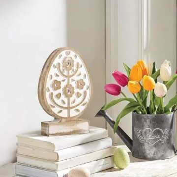 Treory Easter Decorations: Antique Distressed Wooden Easter Eggs Shaped Tabletop Centerpiece, Rustic Carved Eggs with Flowers Wood Tiered Tray Easter Decor for Table, Home, Farmhouse Easter Gifts