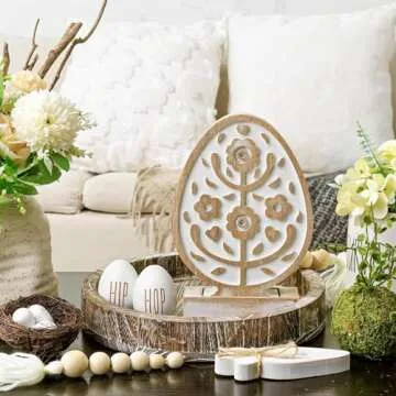 Treory Easter Decorations: Antique Distressed Wooden Easter Eggs Shaped Tabletop Centerpiece, Rustic Carved Eggs with Flowers Wood Tiered Tray Easter Decor for Table, Home, Farmhouse Easter Gifts