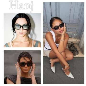 Hanj Rectangle Retro Sunglasses for Women Men Vintage Square Frame Fashion 90s Accessories (Black)