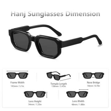 Hanj Rectangle Retro Sunglasses for Women Men Vintage Square Frame Fashion 90s Accessories (Black)