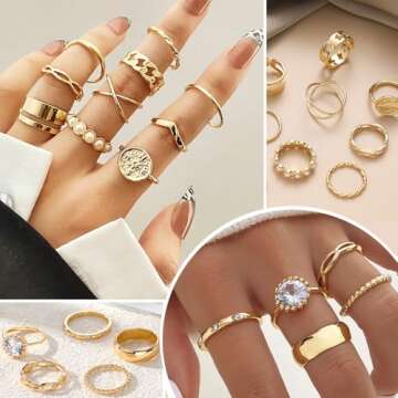 KISS WIFE Gold Jewelry Set for Women, Multi Layered Necklaces Stackable Bracelets Knuckle Rings and Hoop Earrings Sets, Fashion Vacation Jewelry Costume Jewelry Packs (Casual)